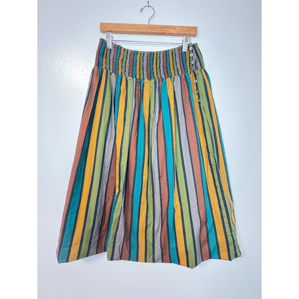 Gudrun Sjoden Akira 100% Organic Cotton Woven Striped Smocked Midi Boho Skirt M - Picture 5 of 11